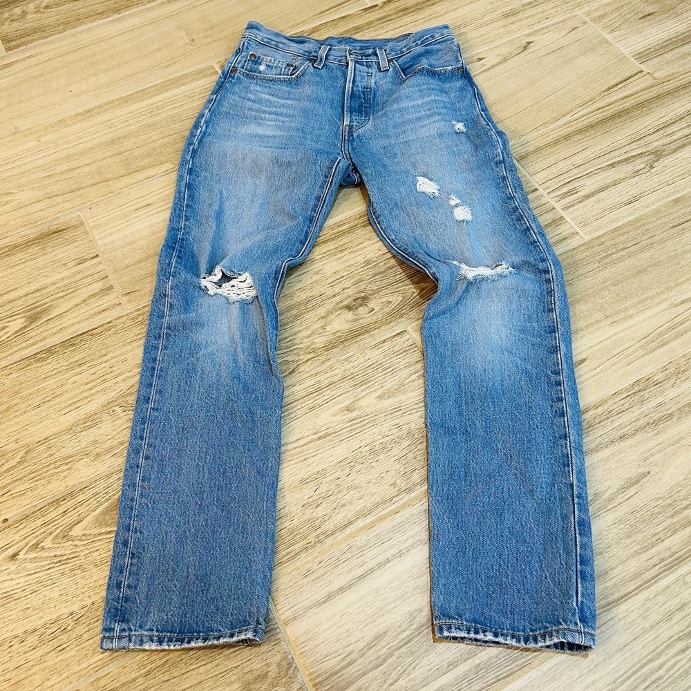 Levis 501 Jeans Womens W26 L30 Blue Button Fly Premium BIG E Distressed 90s